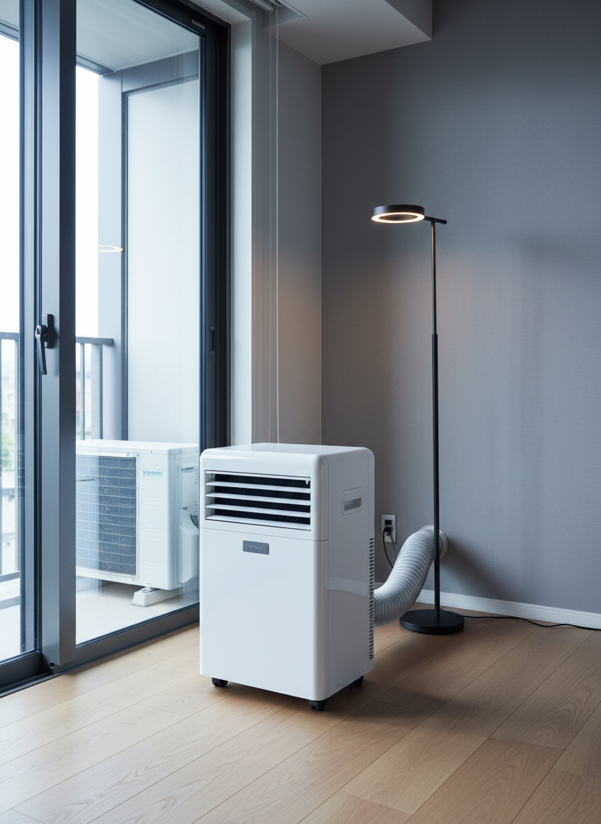 A compact, portable split AC unit with a matte white indoor module and a separate, discreet outdoor condenser, connected by a tidy engineered conduit in a high-end studio apartment.