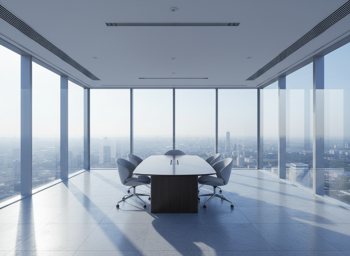 A serene, glass-enclosed office space in a high-rise building, stabilized by an advanced ceiling-integrated climate system with minimalist linear diffusers that stretch across a seamless white ceiling. Below, a single dark wood conference table and a few sculptural chairs sit on pale stone flooring, leaving the room spacious and uncluttered. Early morning city light floods in through floor-to-ceiling windows, creating soft, elongated shadows and a gentle cool tone that suggests perfectly balanced temperature and air quality. Photographic realism with a wide, slightly elevated angle, sharp focus and balanced composition, emphasizing quiet performance, discreet design integration, and sophisticated comfort ideal for focused work.