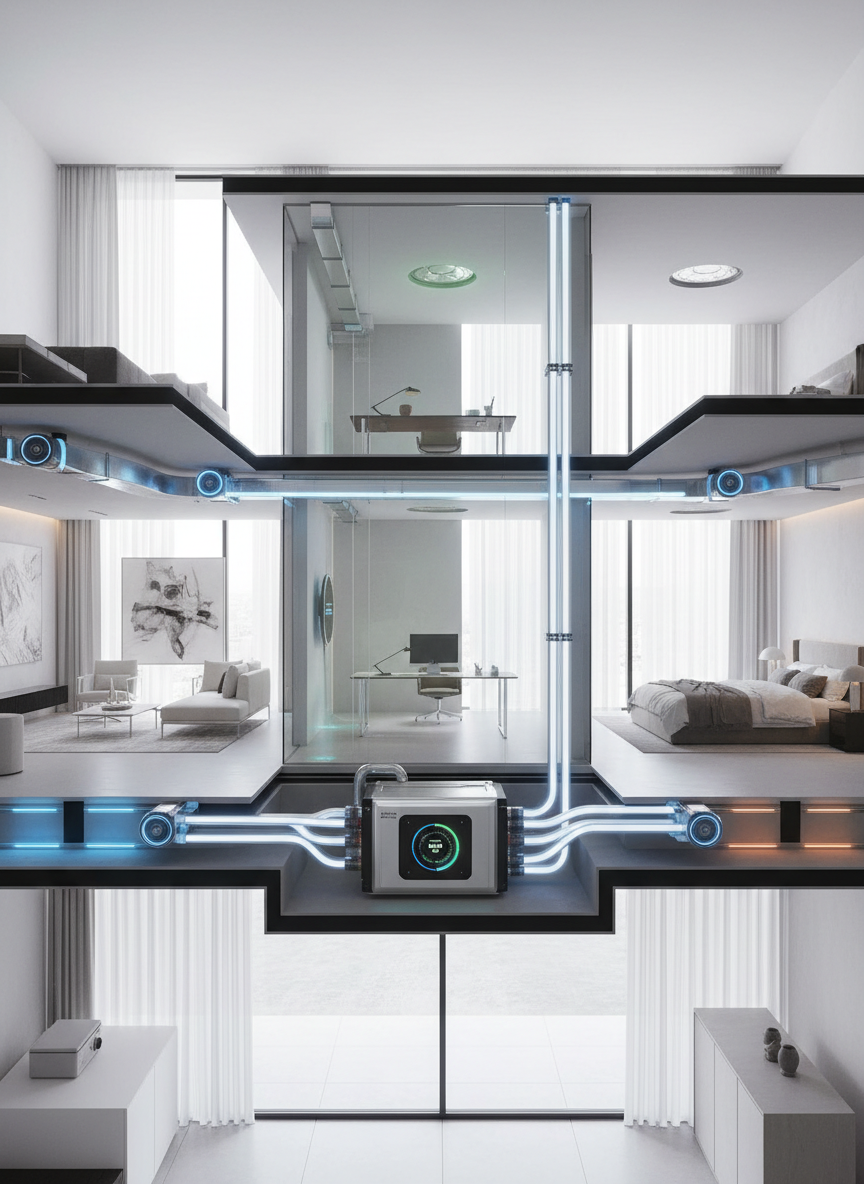 A cutaway-view visualization of an advanced climate system integrated into the architecture of a modern smart home, focusing on hidden ducts, silent fans, and a compact, high-efficiency central unit. The interior shows distinct climate zones: a bright living room, a glass-walled office, and a serene bedroom, each with subtle temperature indicators as soft colored glows near vents, instead of text. Cool, controlled daylight streams through large windows, with clean, even illumination that highlights the system’s pathways. Photographic realism with a wide-angle perspective, sharp detail throughout, and a clean, technical yet luxurious atmosphere, conveying invisible engineering working seamlessly to deliver tailored comfort in every room.