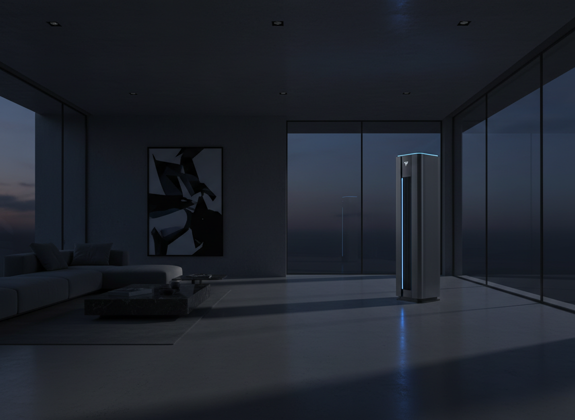 Cinematic dark minimalist living space at dusk with a portable split AC unit softly lit by a thin electric-blue accent line.