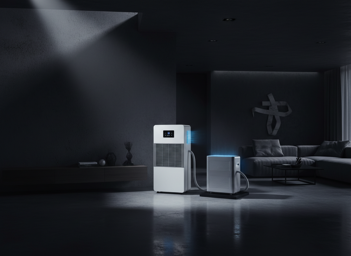 Cinematic dark interior with STUCKI INDUSTRIES Portable Split AC showcasing performance and precision engineering.